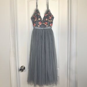 NEEDLE & THREAD Whisper Embroidered Tulle Dress, Dusty Blue Size 2 NWOT
